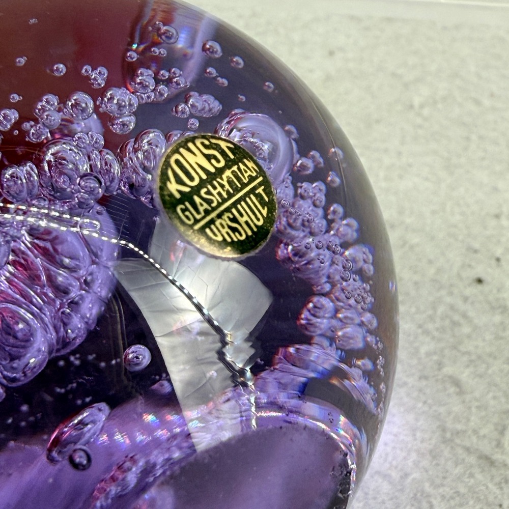Vtg Konst Glashyttan Urshult Sweden Purple Glass Bubble Paperweight Signed 84